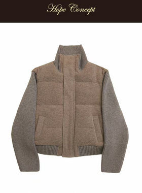 HOPECONCEPT拿捏冬日ins感拼接立领羊毛呢轻盈保暖羽绒服AW05584