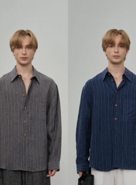 HOPECONCEPT雅奢老钱松弛肌理感亚麻条纹高智风外搭衬衫#25128