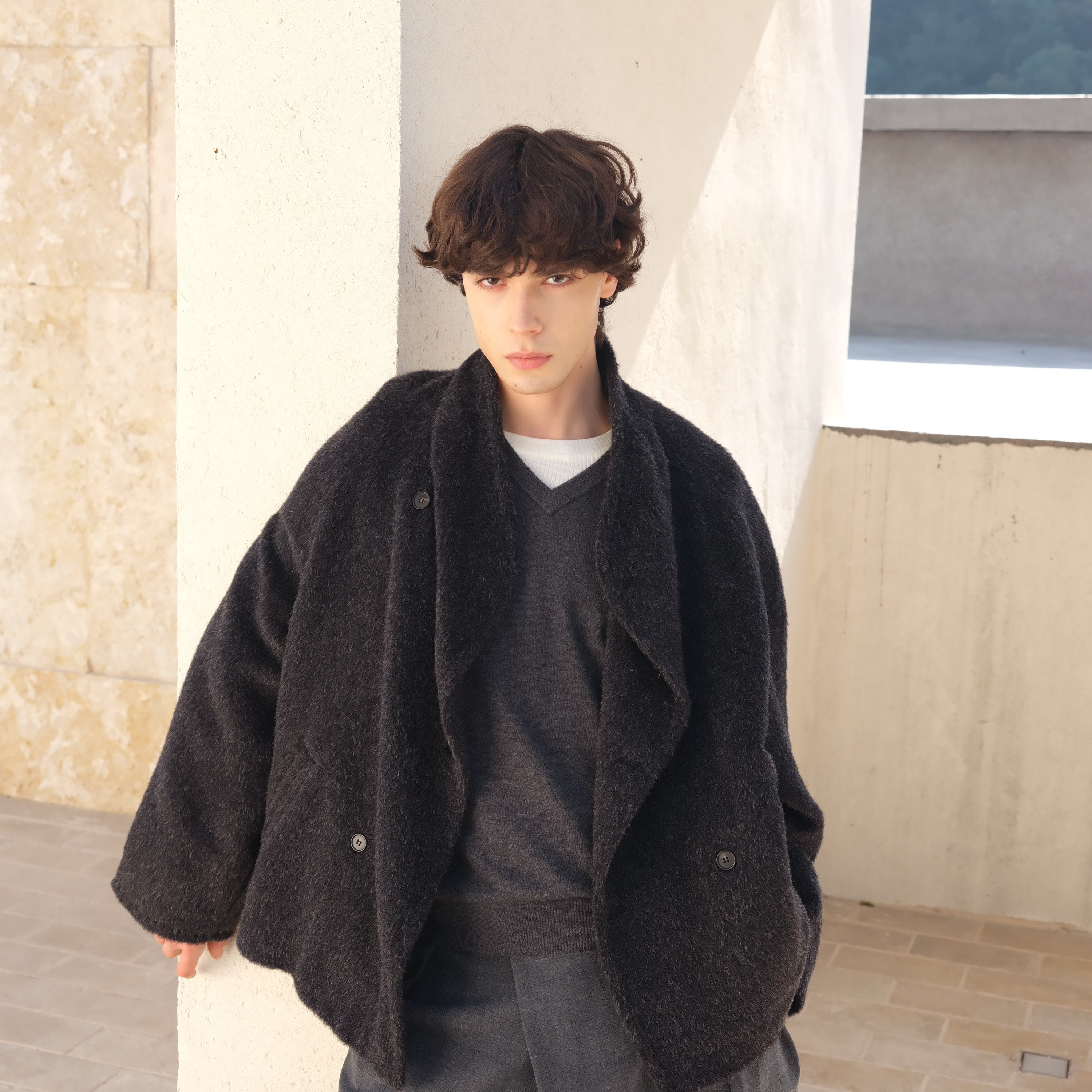 HOPECONCEPT冬日特调 苏力羊驼版复古杂花荡领毛呢大衣外套#25544