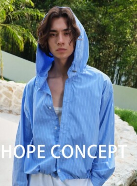 HOPECONCEPT慵懒假日休闲条纹连帽衬衫外套 男女同款#25092