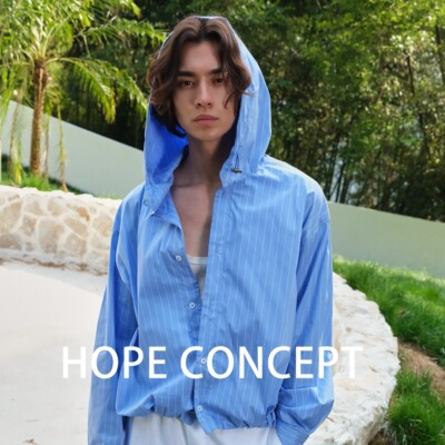 HOPECONCEPT慵懒假日休闲条纹连帽衬衫外套 男女同款#25092