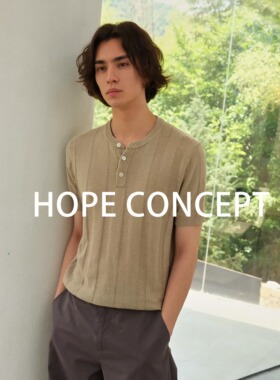 HOPECONCEPT夏日信笺老钱亨利领亚麻棉呼吸提花针织衫短袖06270