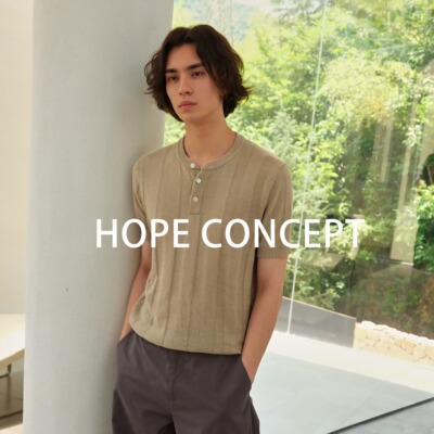 HOPECONCEPT夏日信笺老钱亨利领亚麻棉呼吸提花针织衫短袖06270