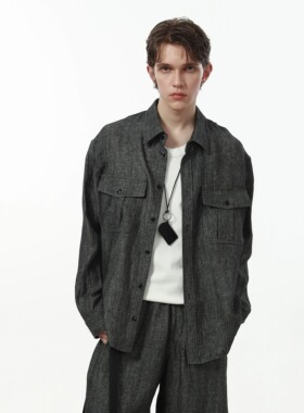 HOPECONCEPT沉迷老钱的一天 松弛廓形男女同款亚麻衬衫套装#25131