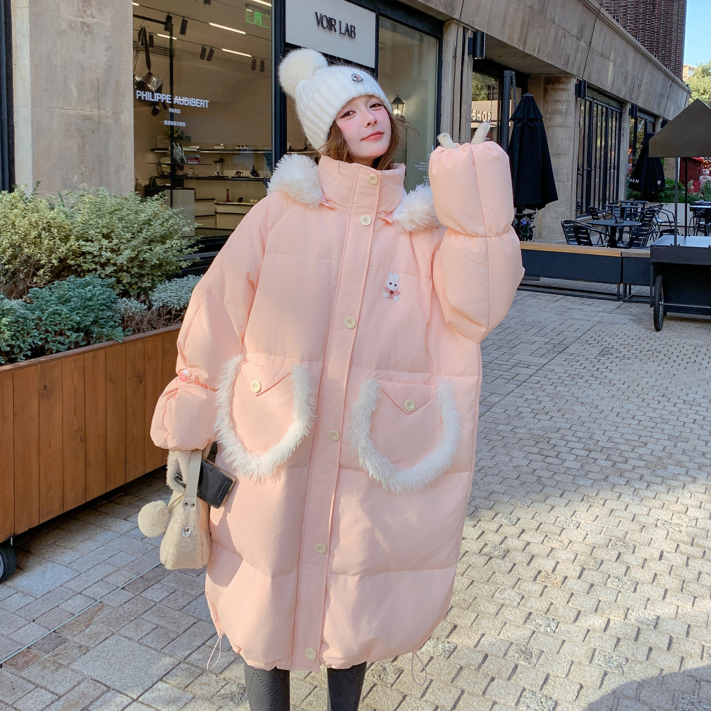 现货！兔耳朵拆卸帽设计款时尚学生长款羽绒服278-8821-P315K468，女装羽绒服，三七家