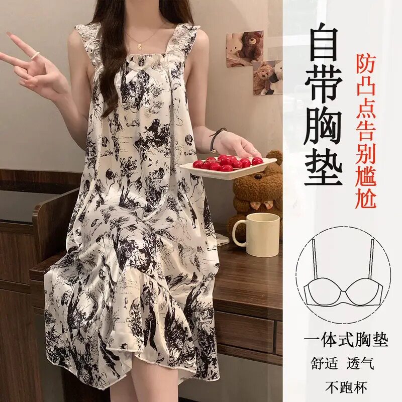 家居服女冰丝吊带睡衣胸垫性感学生带睡裙女夏季薄款版女士连衣裙