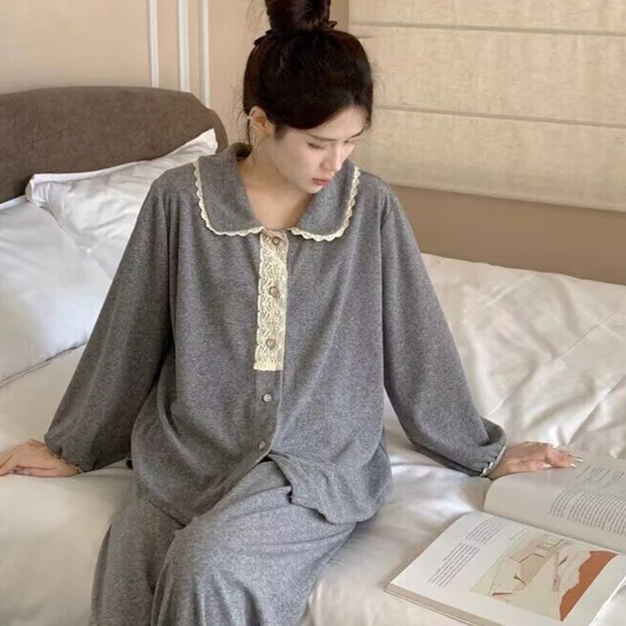 新款秋冬季睡衣女宽松胖mm少女简约甜美蕾丝公主风长袖休闲家居服
