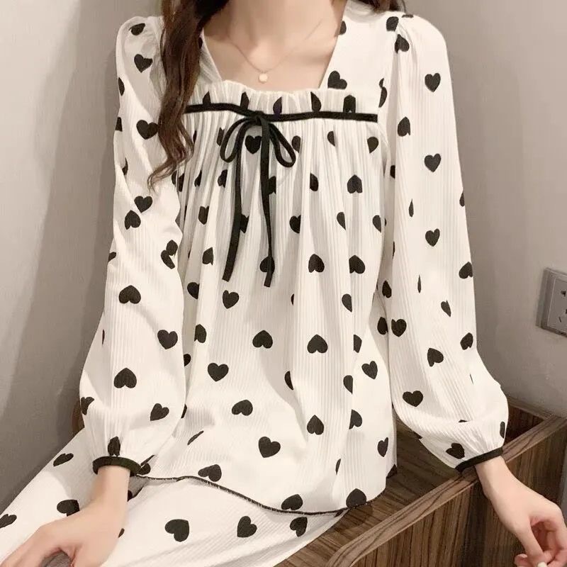 睡衣女款2025新款冬长袖方领爱心樱桃高颜值甜美家居服套装女士