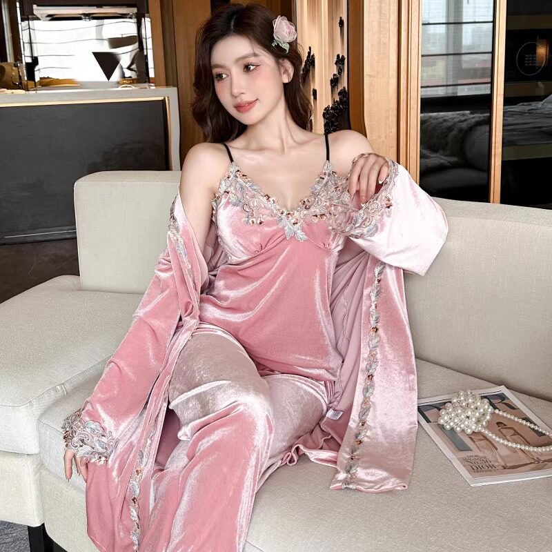 五彩蕾丝花边带胸垫金丝绒睡衣女款三件套家居服套装吊带长裤