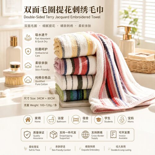 双面毛圈提花纯棉毛巾抗菌吸水速干柔软亲肤家用洗脸巾34×80cm