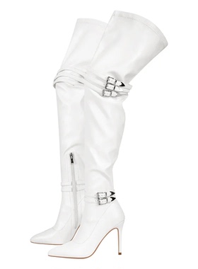 欧美风白色过膝长靴女金属扣带尖头细跟高跟鞋性感舞台靴大码