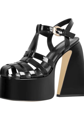 夏季方头欧美时尚性感粗跟防水台高跟鞋女厚底露趾罗马凉鞋大码