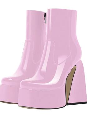 粗跟防水台高跟短靴漆皮PU拉链方头时尚女靴性感时尚便于走秀短靴