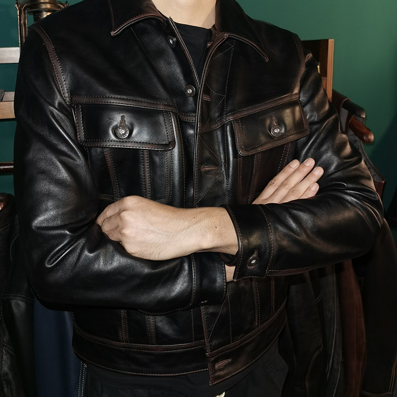风暴茶芯擦色皮衣美式复古牛仔