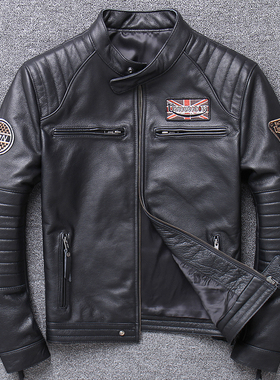 特价徽章真皮皮衣男立领短款韩版头层牛皮哈雷机车服皮夹克男外套