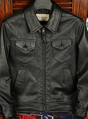 门多萨小牛皮皮衣男款翻领短款头层真皮机车皮夹克工装时尚皮外套