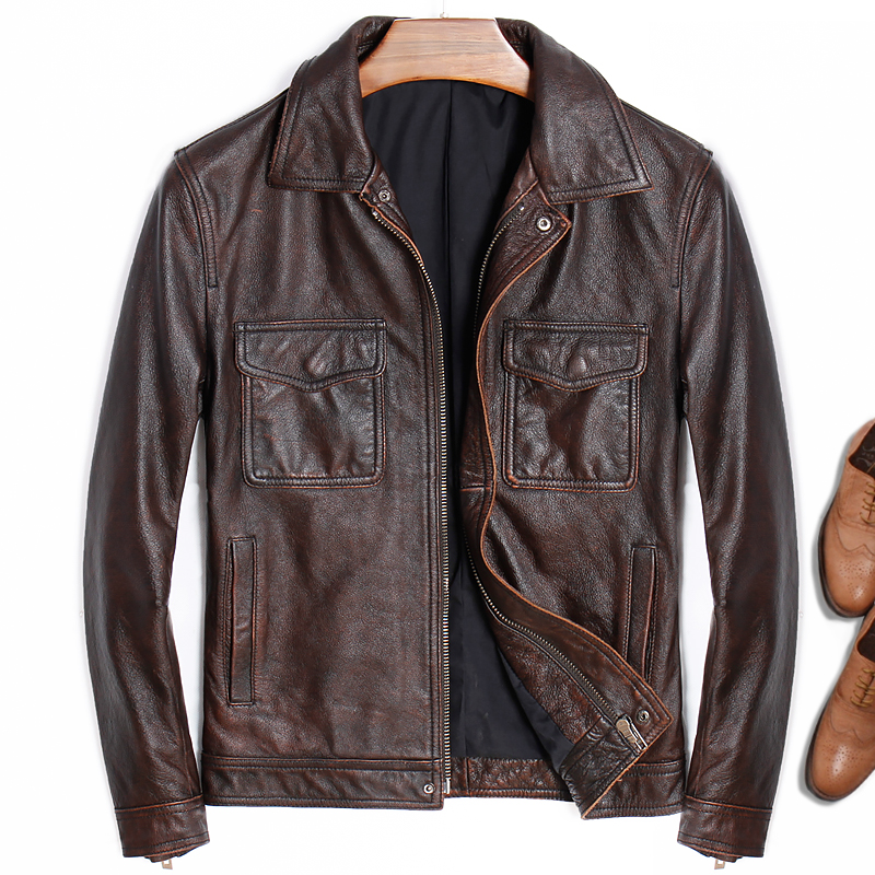 2018新款翻领真皮皮衣男棕色做旧