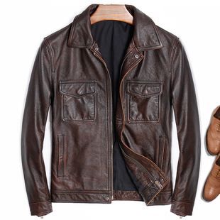 棕色做旧头层牛皮机车皮夹克外套 修身 2018新款 翻领真皮皮衣男短款