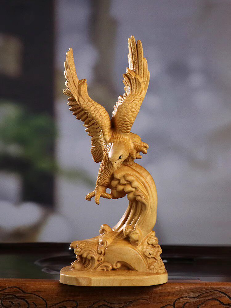 黄杨木雕实木工艺品家居书房新中式大展宏图雄鹰展翅桌面装饰摆件
