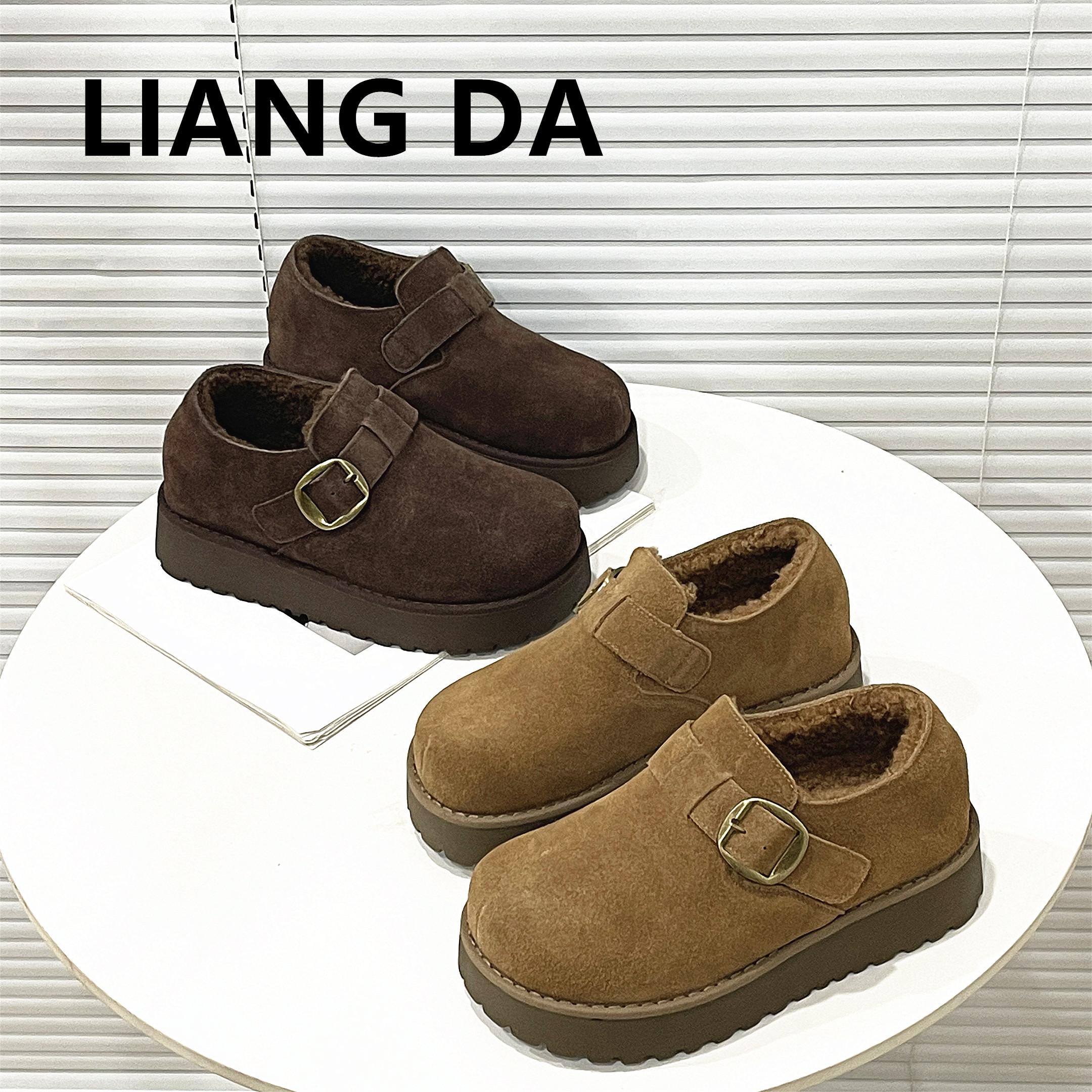 韩版真皮厚底勃肯鞋女冬加绒保暖小个子增高棉鞋皮带扣平底雪地鞋