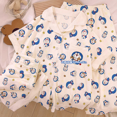 哆啦A梦可爱卡通睡衣夏天女日系休闲薄款短袖三件套云朵棉家居服