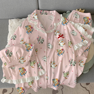 新款 三件套仿棉花边家居服 夏季 甜美睡衣女嗨皮狗狗ins少女感短袖