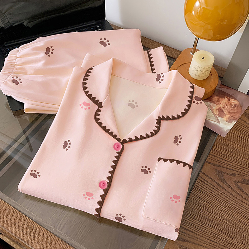 甜美少女感仿棉睡衣萌系猫爪印学生长袖套装可外穿贝壳刺绣家居服,女士内衣/男士内衣/家居服,睡衣/家居服套装,淘宝优惠券,粉丝福利购,淘宝优惠卷