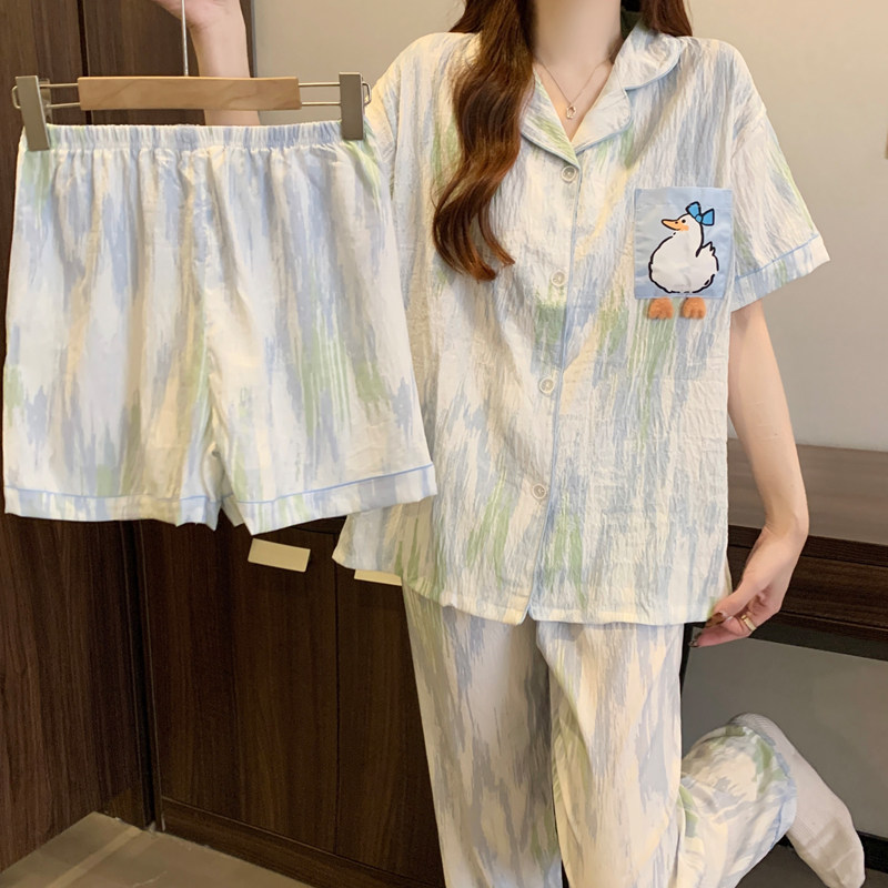卡通鸭子可爱三件套睡衣女爆款云朵棉ins休闲清新短袖开衫家居服