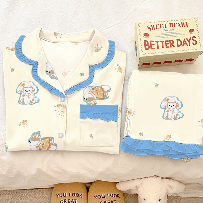 萌趣狗狗春秋卡通睡衣女新款甜美ins风长袖长裤韩版高颜值家居服