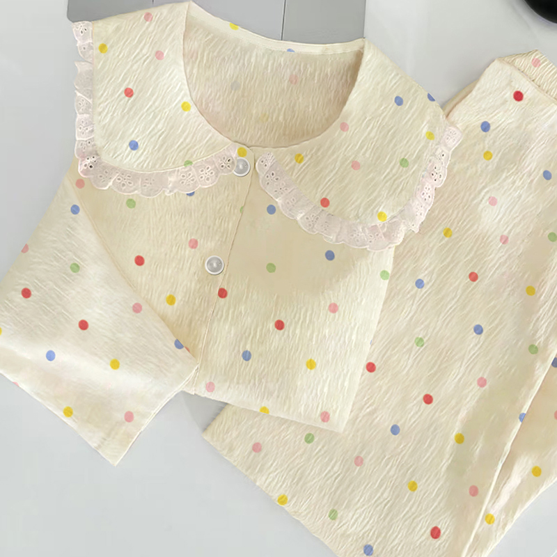 韩版春秋娃娃领睡衣女彩色波点简约ins清新休闲云朵棉家居服套装