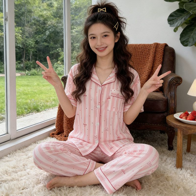 甜美休闲夏季条纹睡衣女韩版ins高颜值少女感皱布短袖家居服套装