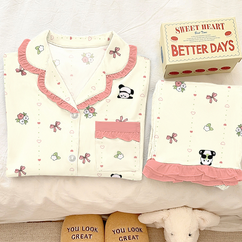 可爱小熊猫甜美睡衣女春秋荷叶边长袖长裤少女感家居服套装送闺蜜