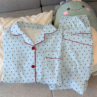 睡衣女春秋季韩版简约ins风波点长袖长裤清新休闲皱布家居服套装