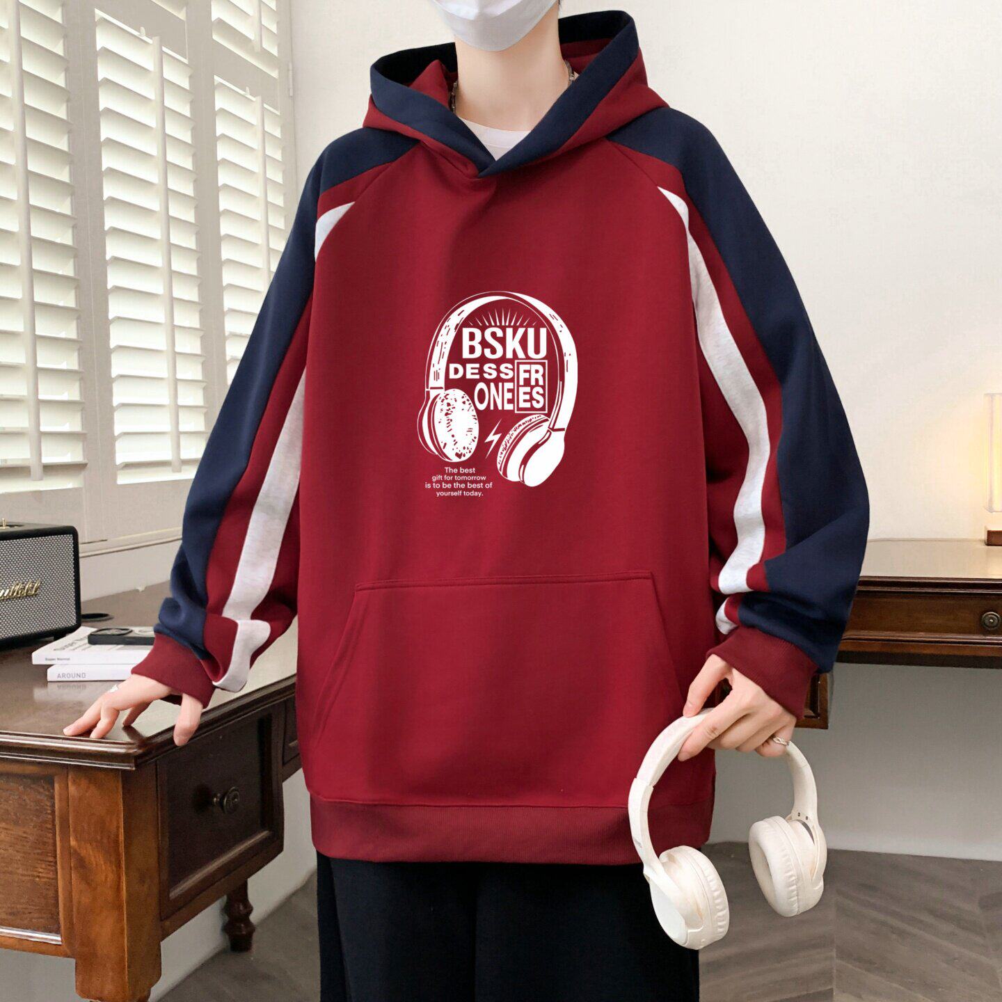 春秋款红色卫衣男孩初中学生圆领套头连帽上衣服青少年大童连帽衫