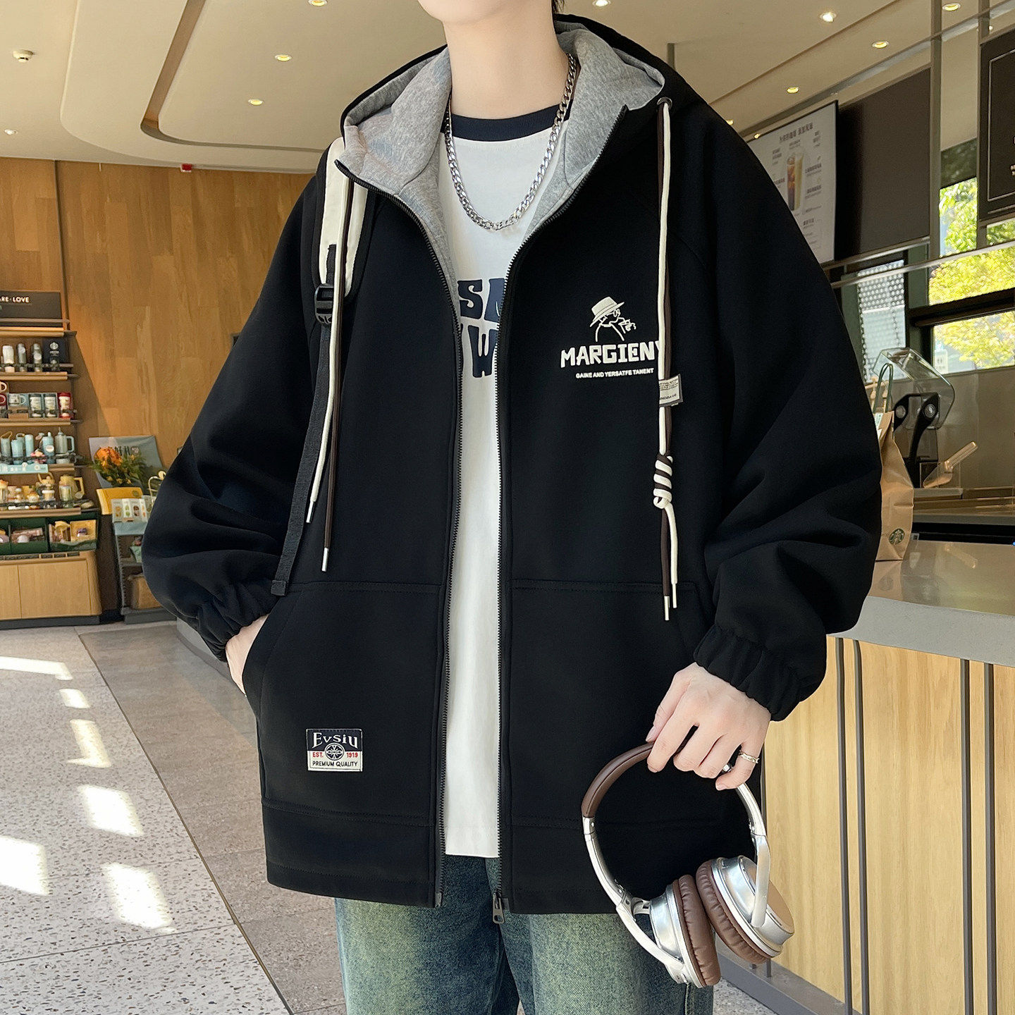 春秋季连帽外套男初中高中学生潮流帅气棒球服青少年大童宽松夹克