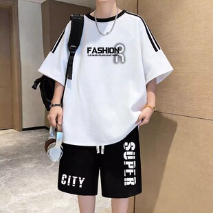 青少年纯棉半袖t恤男孩初高中学生帅气大童夏装短袖短裤运动套装