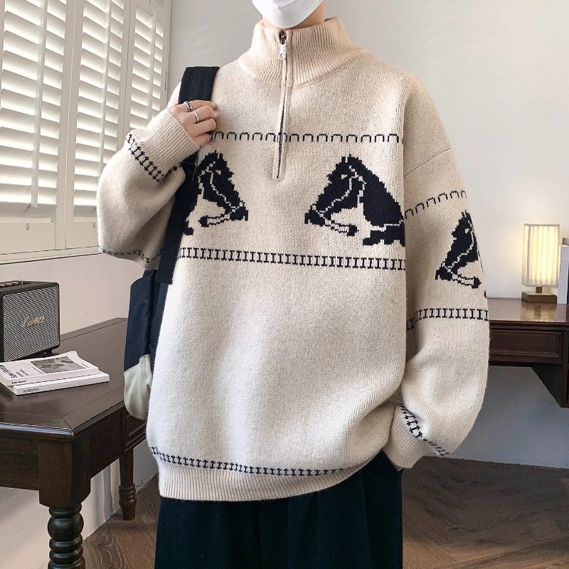 秋冬款半拉链立领毛衣男孩初中高中学生青少年大童帅气针织打底衫