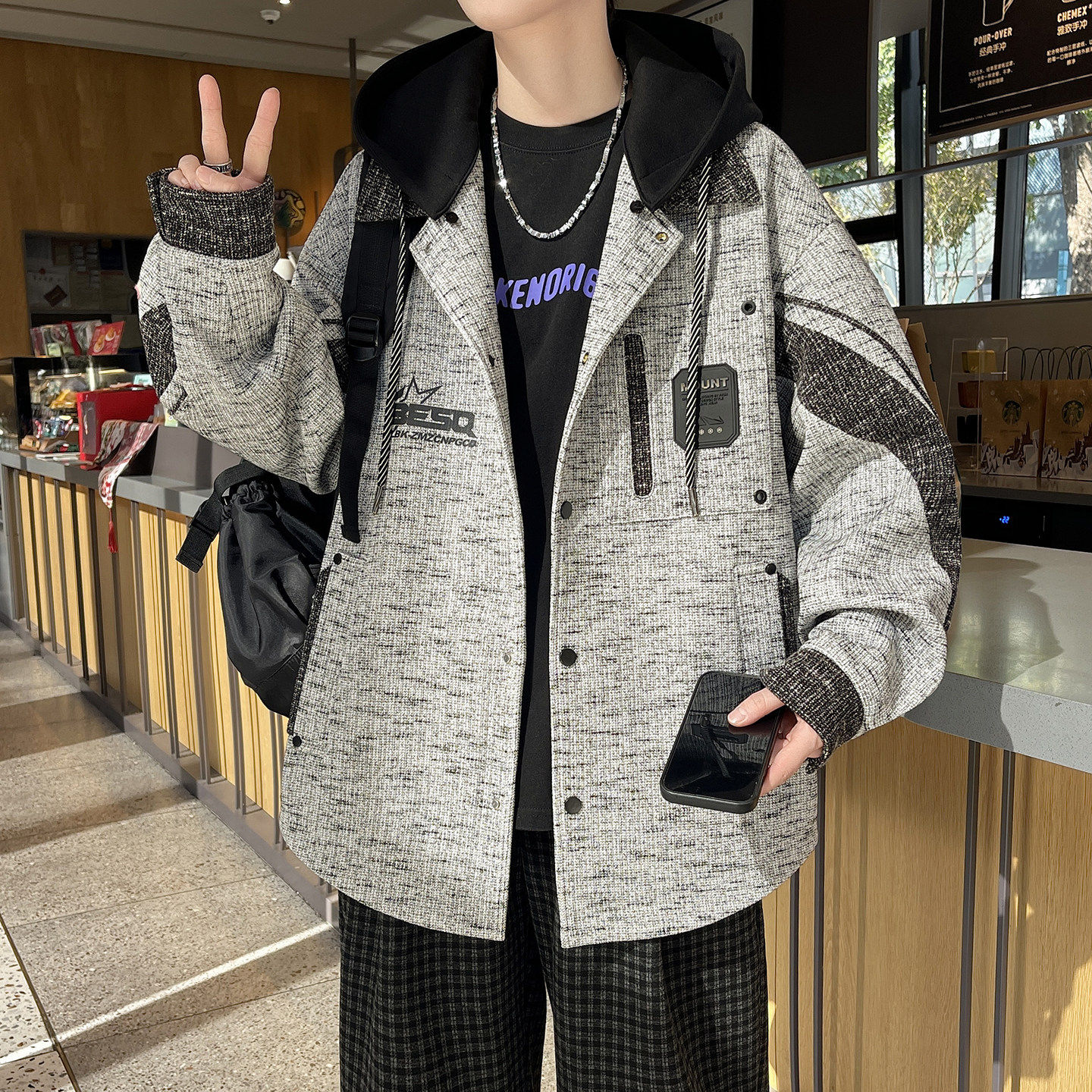 春秋季帅气连帽外套男生初中高中学生潮流宽松夹克青少年男装上衣