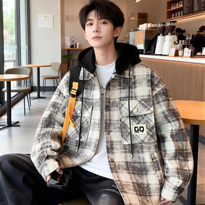 春秋季新款青少年格子外套男生初中高中学生潮流帅气男装纯棉夹克