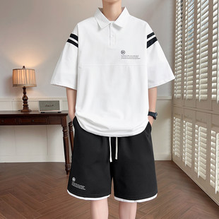 冰丝短袖t恤男孩初中高中学生polo衫套装青少年大童夏装帅气衣服