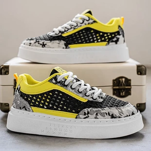 男鞋2025年夏季新款透气网面厚底板鞋加高鞋底设计潮流休闲结合