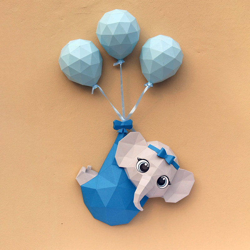 90厘米高 气球上的大象宝宝纸模家居装饰儿童房墙壁装饰卡通壁挂