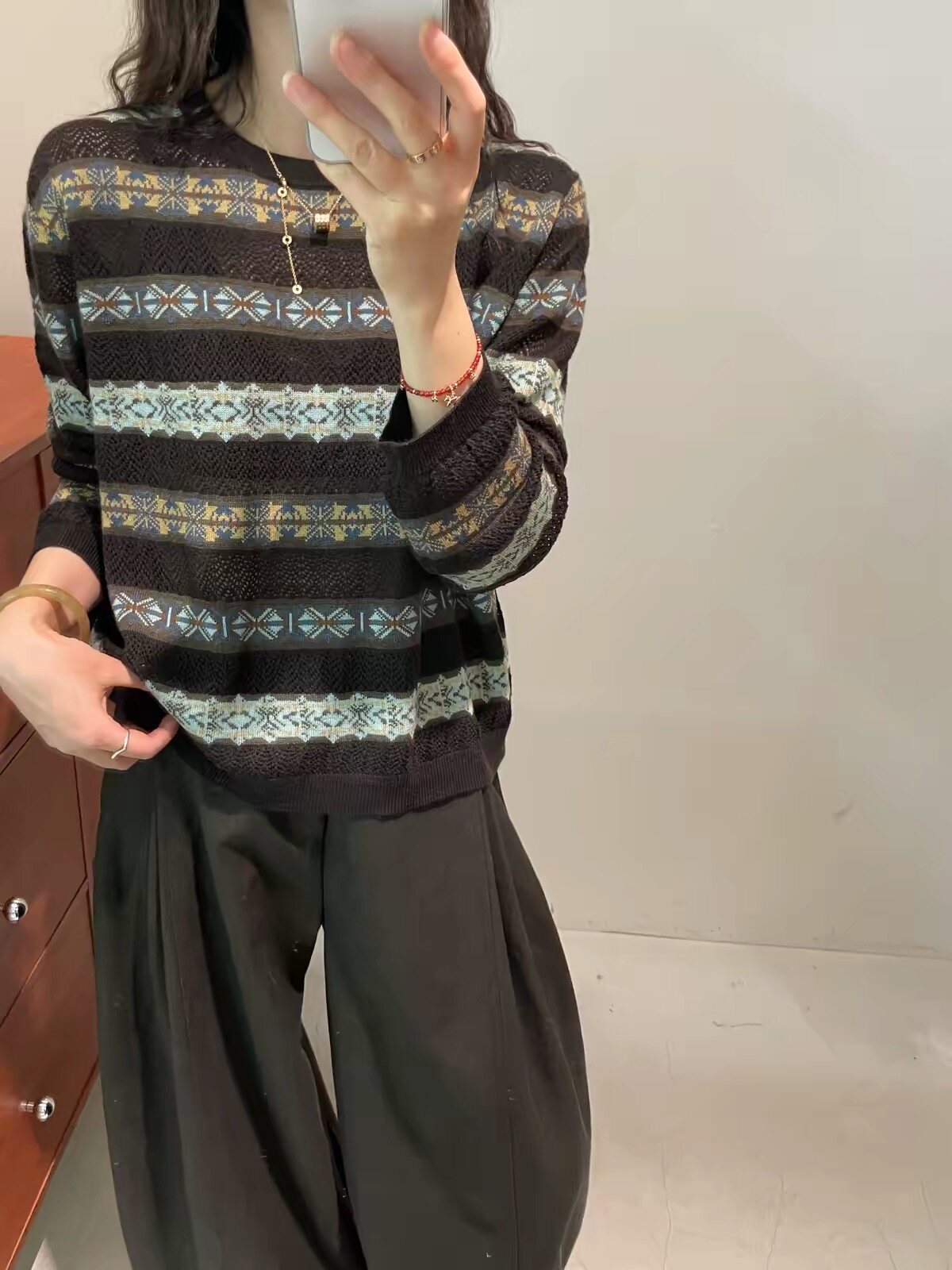 韩系条纹提花镂空钩花羊毛衣女长袖针织衫小个子宽松秋季新款6088
