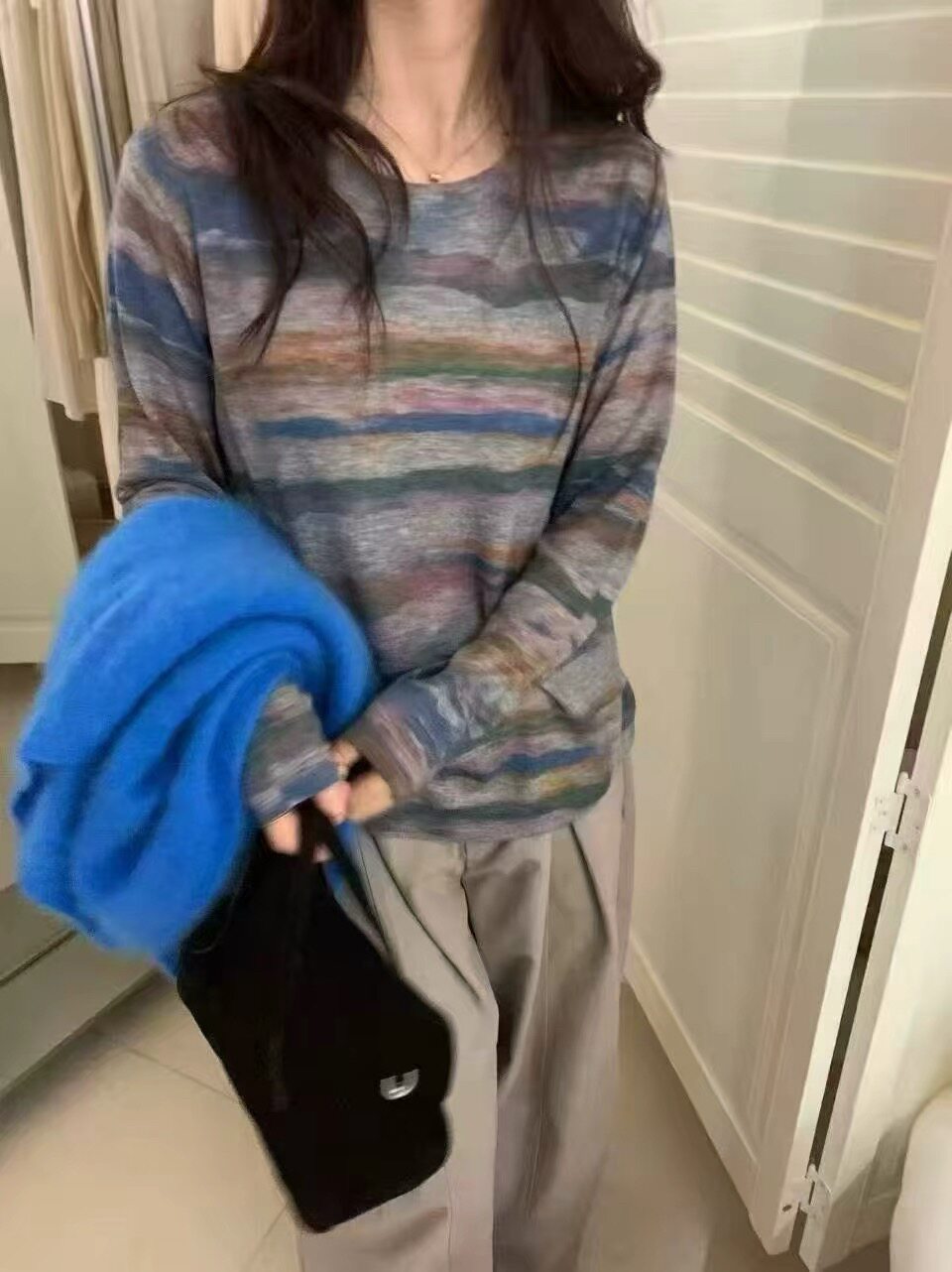韩系柔软细羊毛衣女宽松轻奢复古印花洋气长袖针织衫秋季新款6639