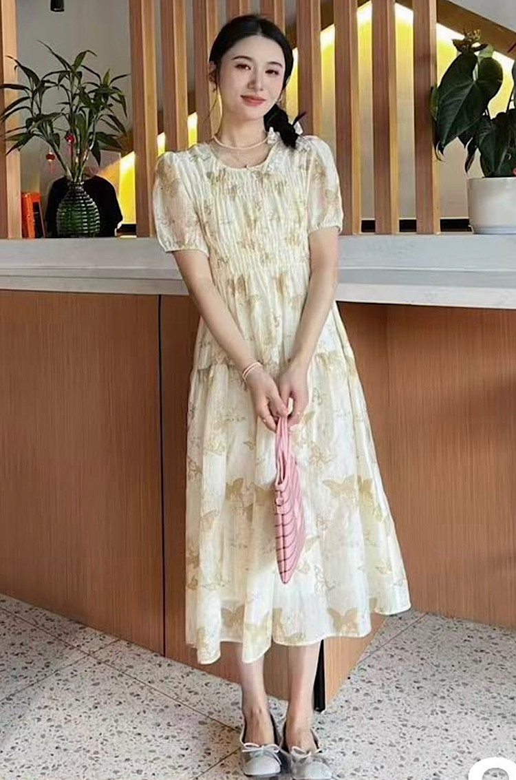欧货高级透气天丝连衣裙女820蝴蝶印花泡泡袖收腰中长款2025夏季