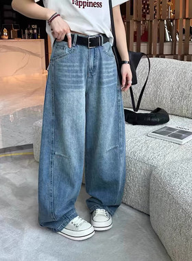 欧货高腰弯刀牛仔裤跳跳谷517时尚运动休闲阔腿裤女腰带2025春季