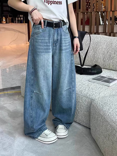 欧货高腰弯刀牛仔裤跳跳谷517时尚运动休闲阔腿裤女腰带2025春季