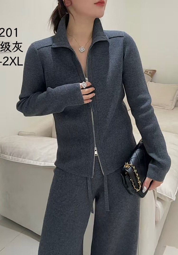 韩系高级双拉链细羊毛衣开衫女修身简约休闲显瘦翻领秋季新款5201