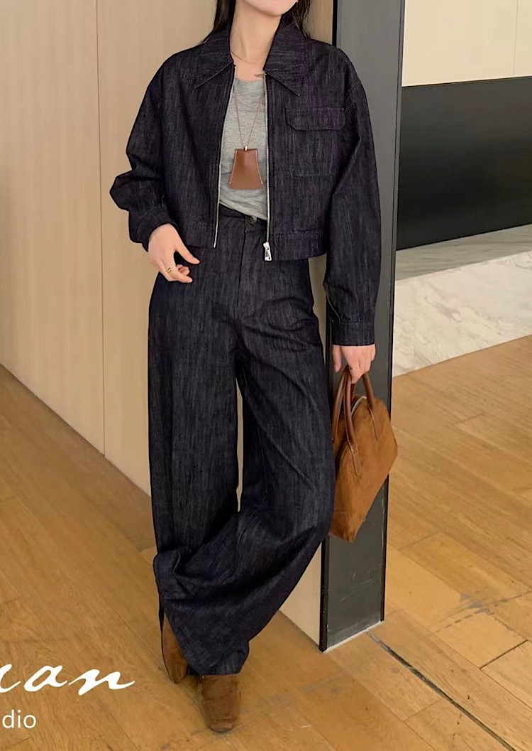 高级复古牛仔两件套装女9051工装小个子短外套阔腿长裤2025春季