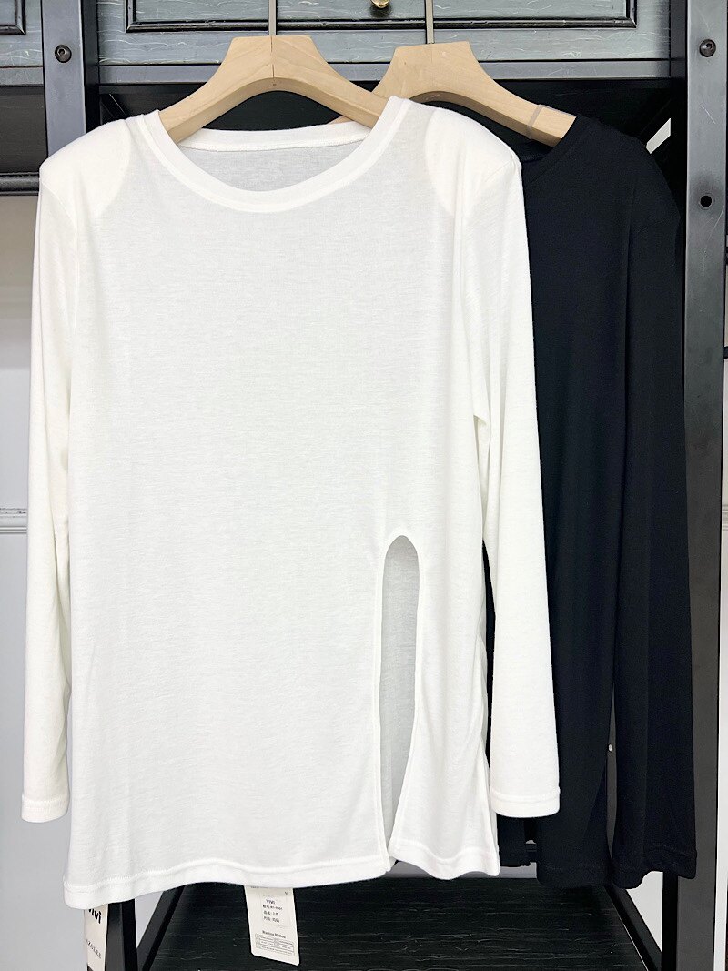 韩国薄款纯棉1001长袖T恤衫女垫肩开叉休闲打底圆领宽松2025春季